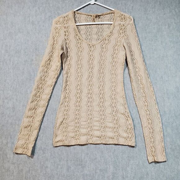 BKE Tops Womens Small Beige Blouse Nylon Blend Textured Lace Layering Scoop Neck - Picture 1 of 9